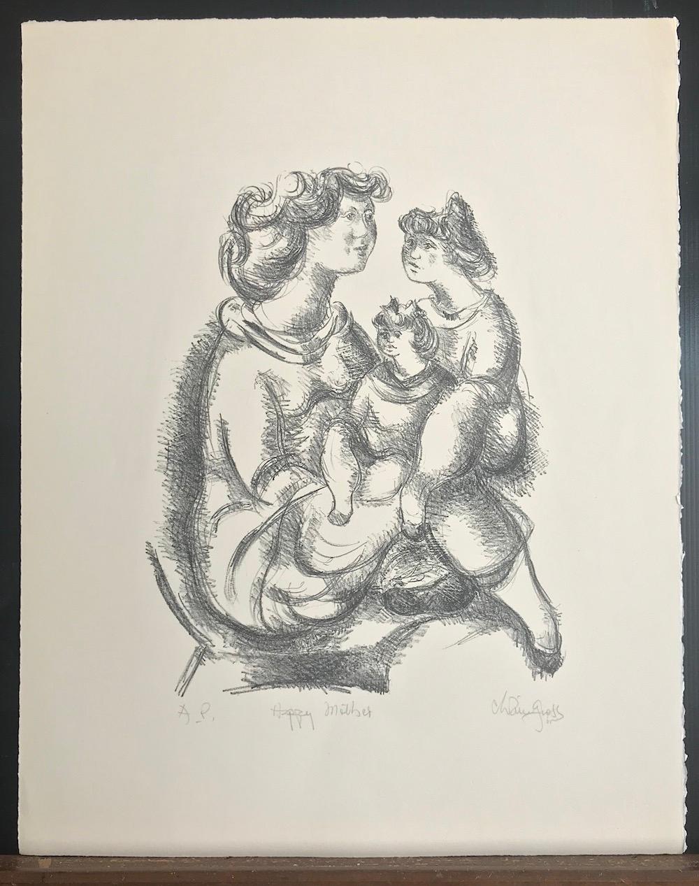 HAPPY MOTHER, signierte Steinlithographie, handgezeichnetes Porträt Mutter und Tochter mit Kind, Stein  (Grau), Figurative Print, von Chaim Gross