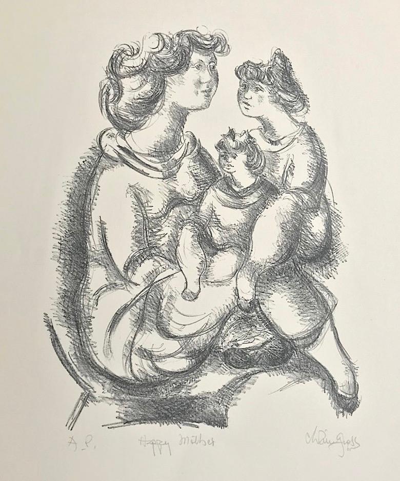 HAPPY MOTHER Signed Lithograph, B+W Portrait Drawing, Mother and Daughters 