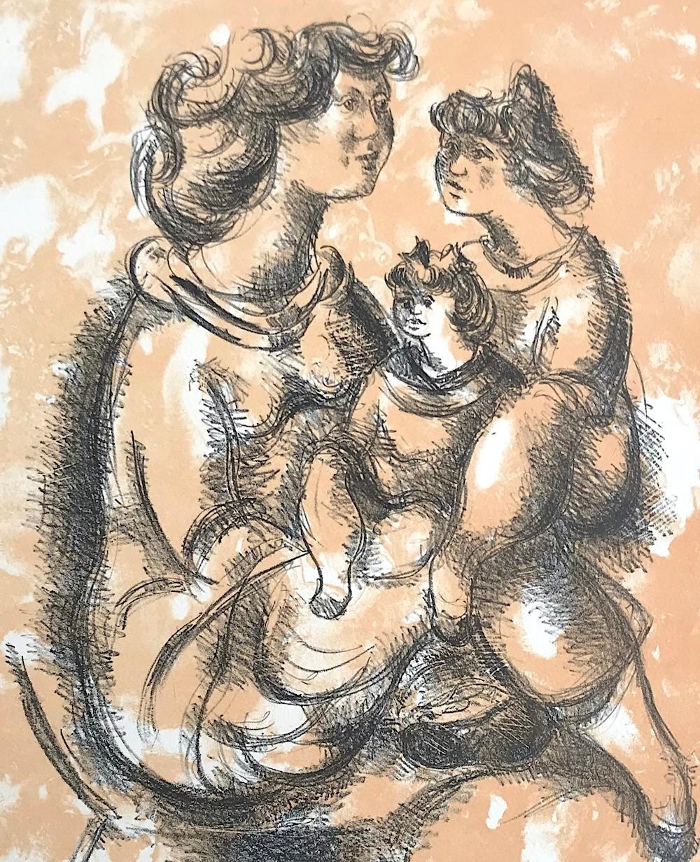 HAPPY MOTHER Litografía firmada, Dibujo retrato de madre e hijas - Print Contemporáneo de Chaim Gross