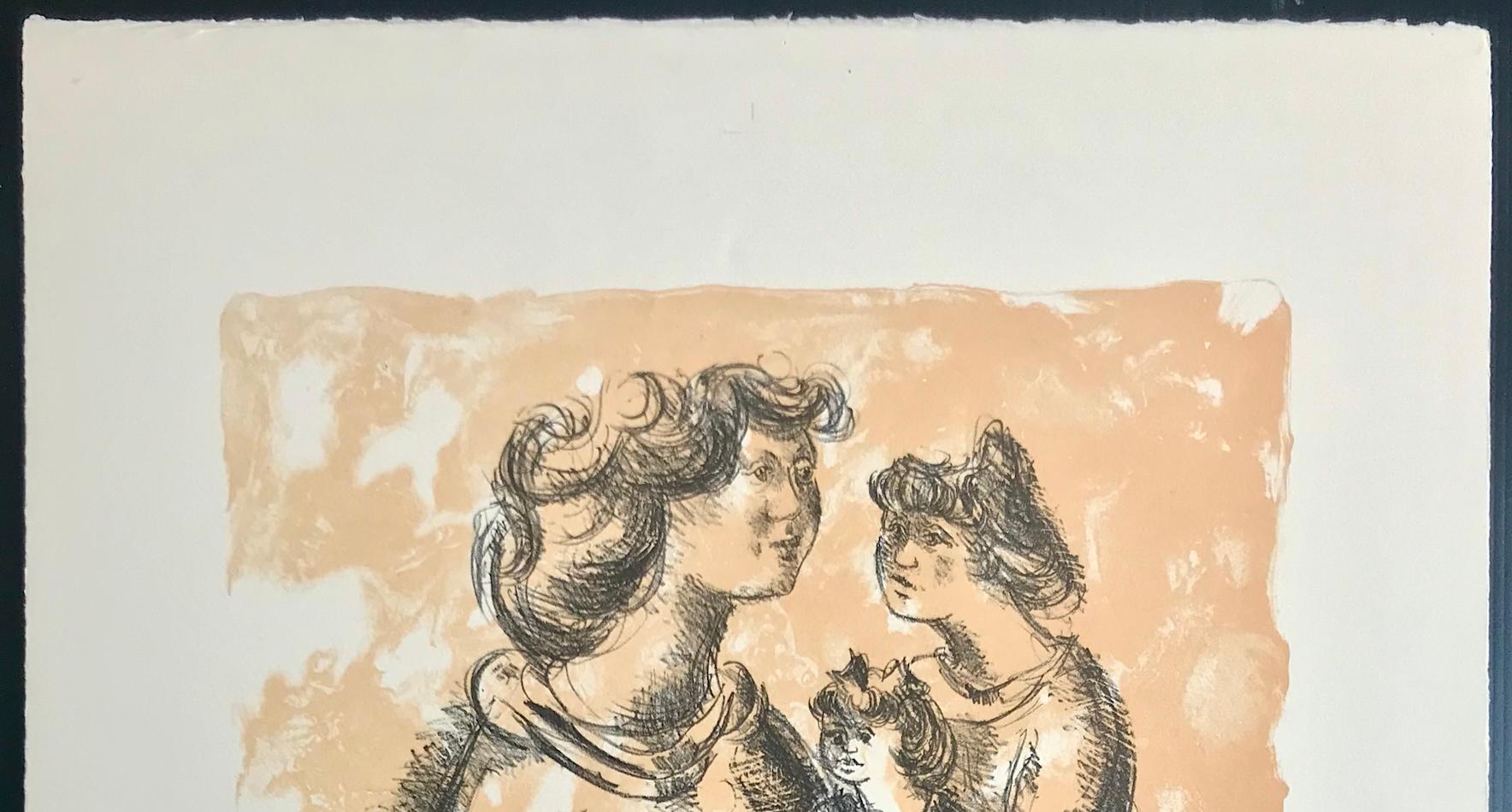 HAPPY MOTHER Litografía firmada, Dibujo retrato de madre e hijas en venta 2