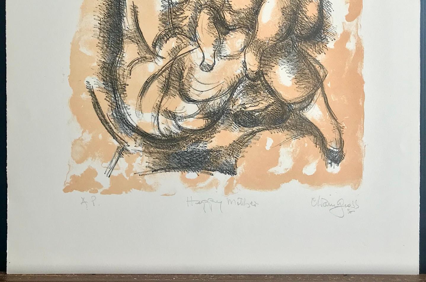 HAPPY MOTHER Litografía firmada, Dibujo retrato de madre e hijas en venta 3