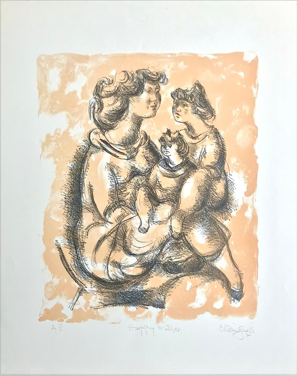 HAPPY MOTHER Litografía firmada, Dibujo retrato de madre e hijas - Print de Chaim Gross