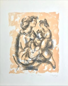 HAPPY MOTHER Signed Lithograph, Mother and Daughters Portrait Drawing