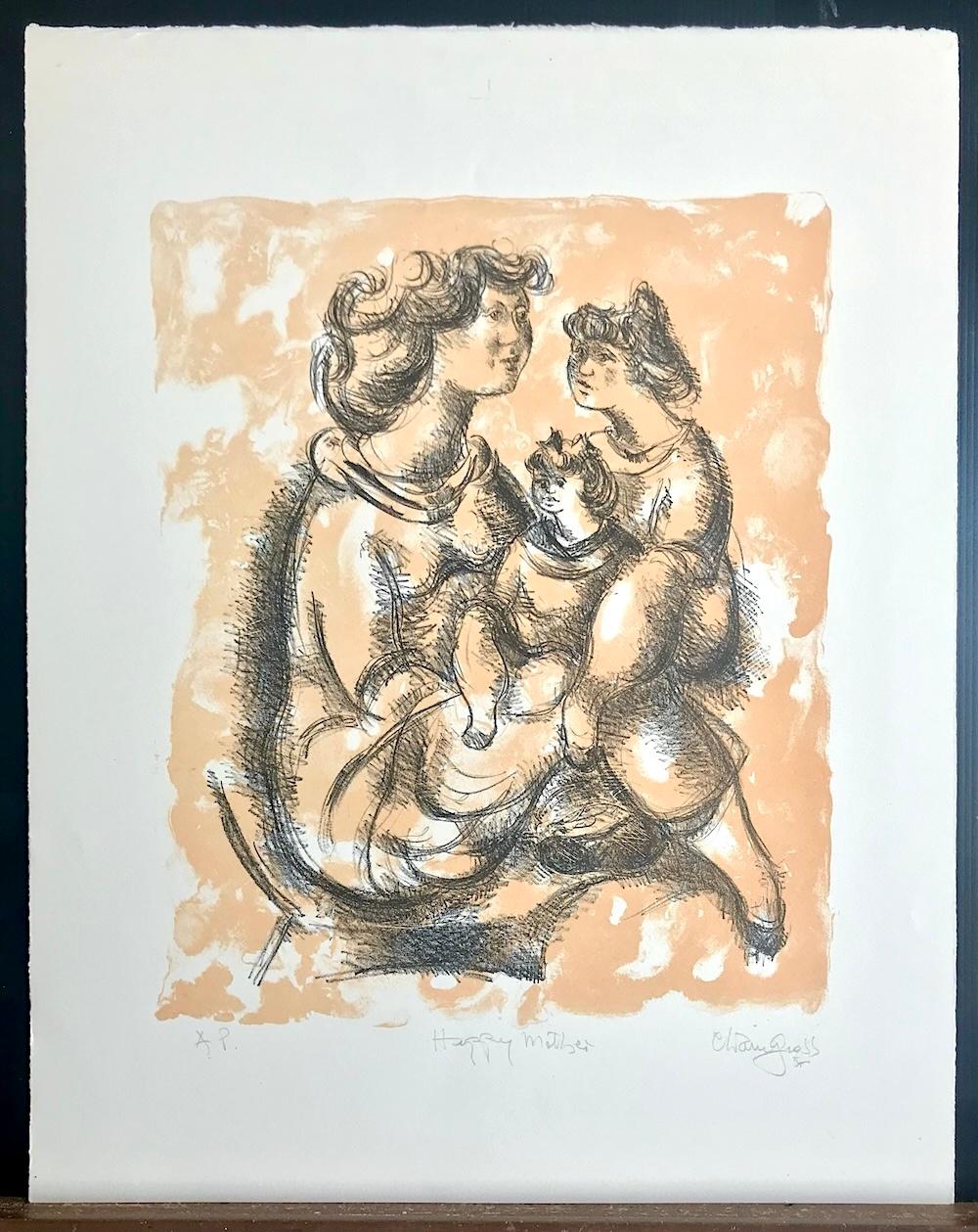 HAPPY MOTHER Litografía firmada, Dibujo retrato de madre e hijas en venta 4