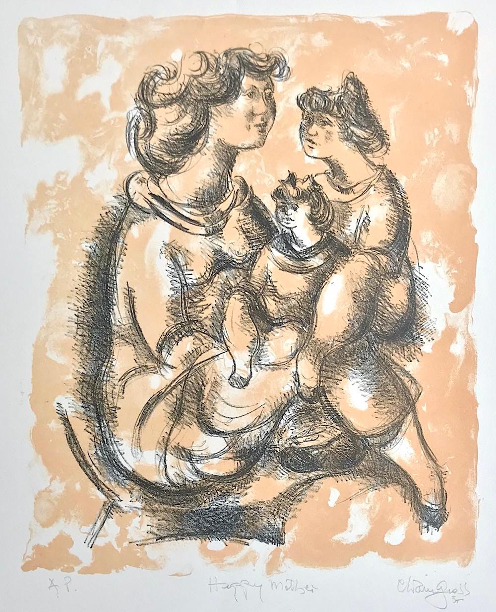 Portrait Print de Chaim Gross - HAPPY MOTHER Litografía firmada, Dibujo retrato de madre e hijas