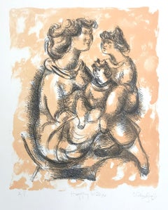 HAPPY MOTHER Signierte Lithographie, Porträtzeichnung von Mutter und Tochter