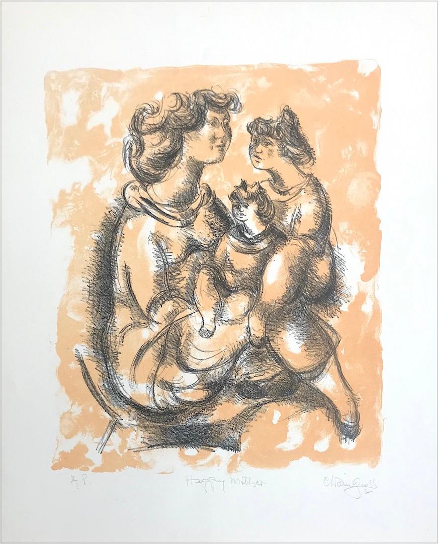 HAPPY MOTHER Signed Lithograph, Mother and Daughters Portrait Drawing - Print by Chaim Gross