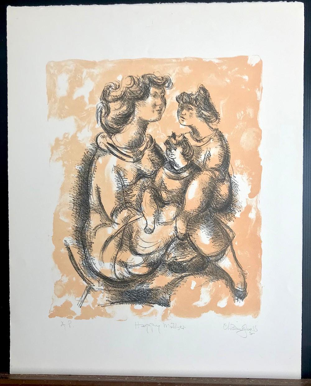 HAPPY MOTHER ist eine original handgezeichnete Steinlithographie des amerikanischen Künstlers und Bildhauers Chaim Gross. HAPPY MOTHER ist eine liebenswerte Figurenstudie einer Mutter mit ihren beiden kleinen Töchtern, die 1975 in NYC von