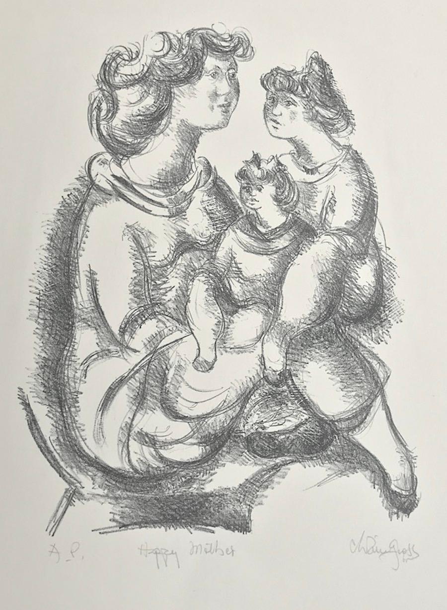 HAPPY MOTHER Litografia firmata su pietra, ritratto disegnato a mano di madre e figlie - Print di Chaim Gross