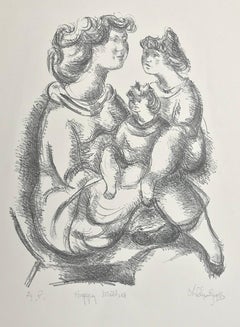 HAPPY MOTHER Signed Stone Lithograph 1977, Hand Drawn Portrait Mom and Daughters