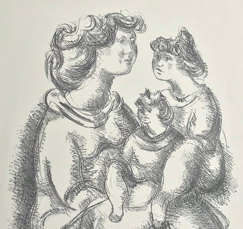 HAPPY MOTHER Litografia firmata su pietra, ritratto disegnato a mano di madre e figlie - Print Contemporaneo di Chaim Gross