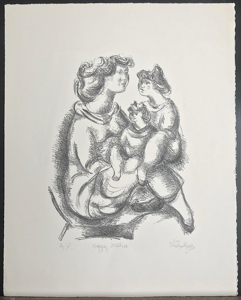 HAPPY MOTHER Litografia firmata su pietra, ritratto disegnato a mano di madre e figlie in vendita 4