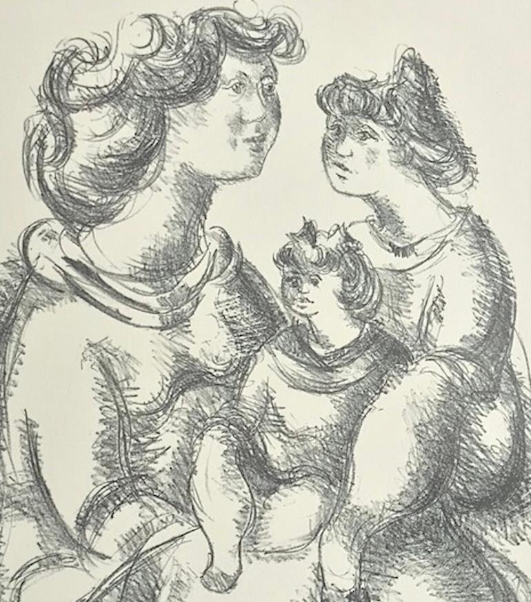 HAPPY MOTHER Litografia firmata su pietra, ritratto disegnato a mano di madre e figlie - Figurative Print Grigio di Chaim Gross