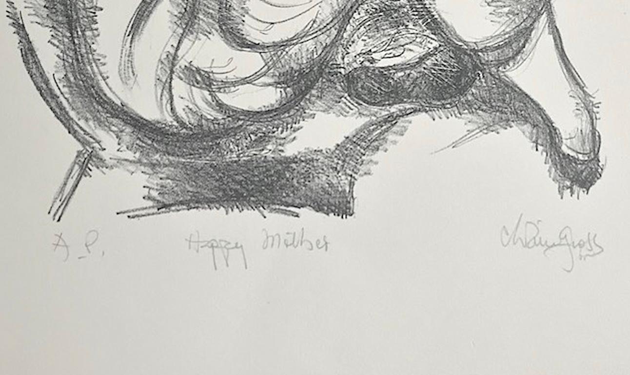 HAPPY MOTHER Litografia firmata su pietra, ritratto disegnato a mano di madre e figlie in vendita 1
