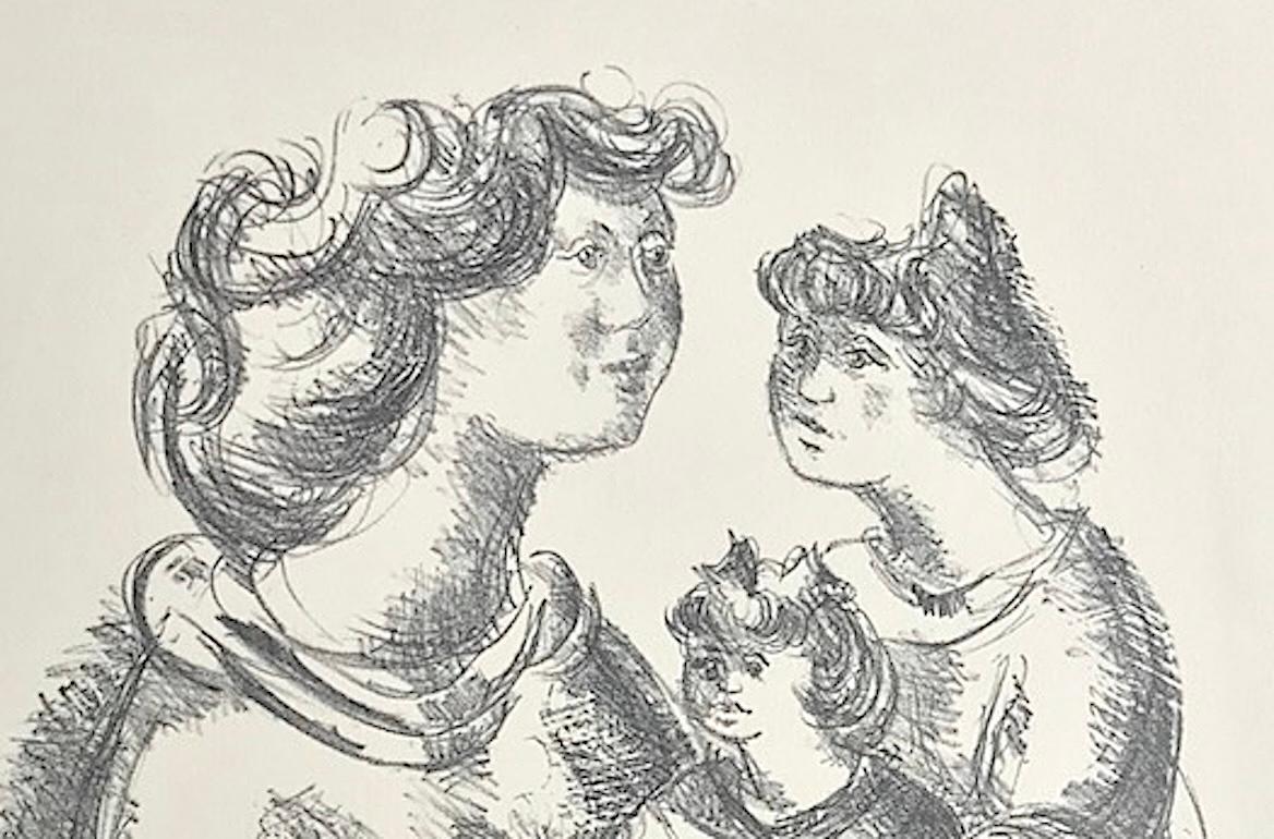 HAPPY MOTHER è un'originale litografia su pietra disegnata a mano dall'artista/scultore americano Chaim Gross. Accattivante studio di figura di una donna con un gruppo di bambini piccoli che giocano insieme. HAPPY MOTHER è stata provata e stampata a