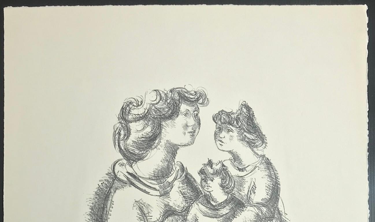 HAPPY MOTHER Litografia firmata su pietra, ritratto disegnato a mano di madre e figlie in vendita 2