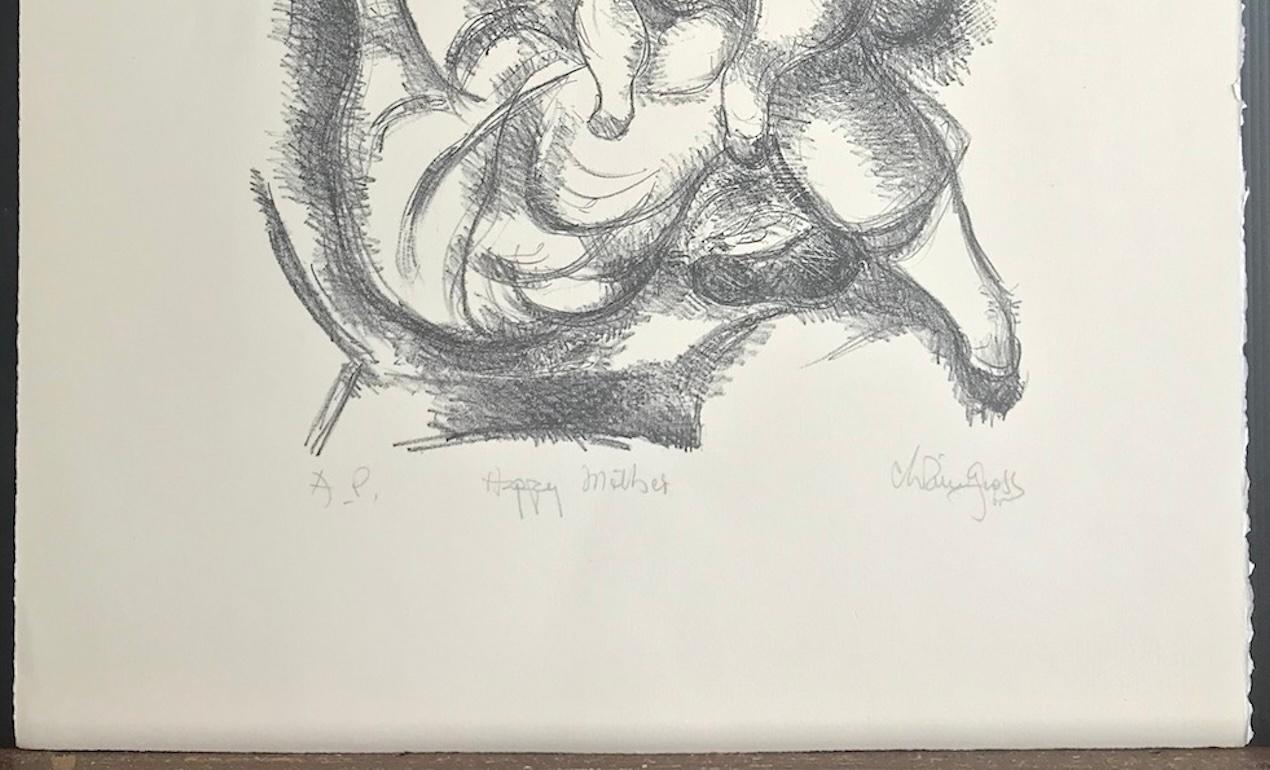 HAPPY MOTHER Litografia firmata su pietra, ritratto disegnato a mano di madre e figlie in vendita 3