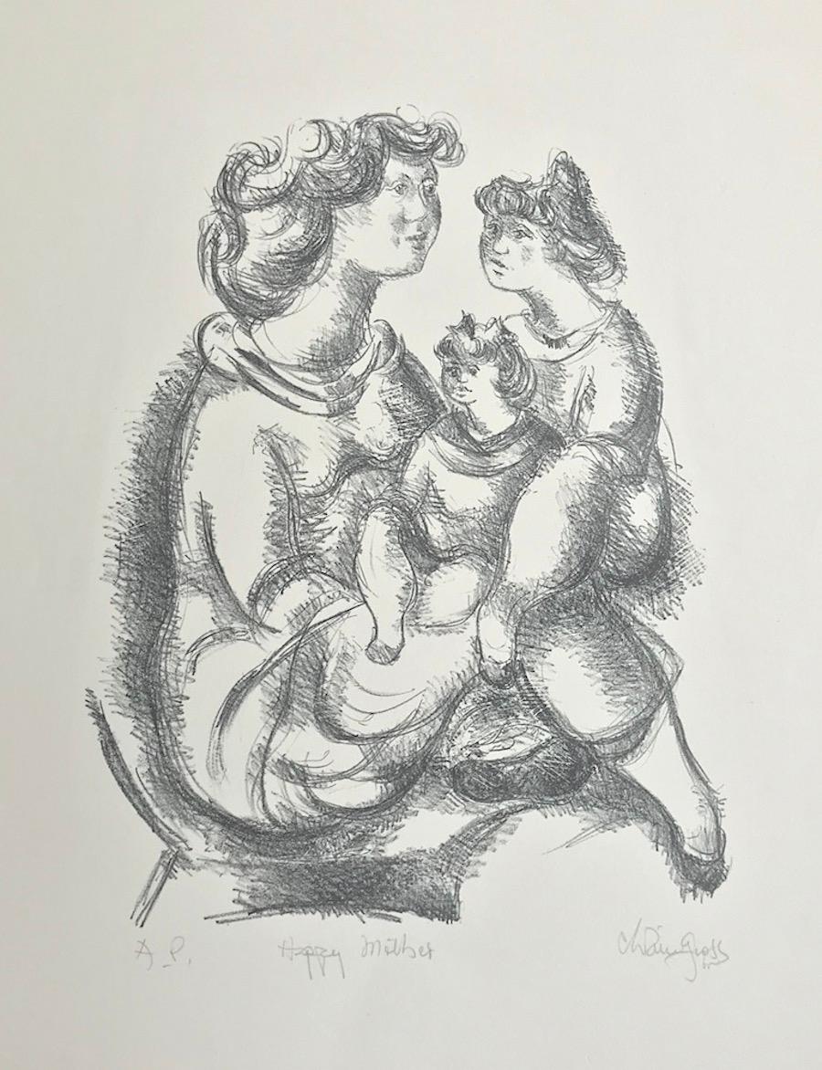 Figurative Print di Chaim Gross - HAPPY MOTHER Litografia firmata su pietra, ritratto disegnato a mano di madre e figlie