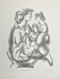 HAPPY MOTHER Signed Stone Lithograph, Hand Drawn Portrait Mother and Daughters
