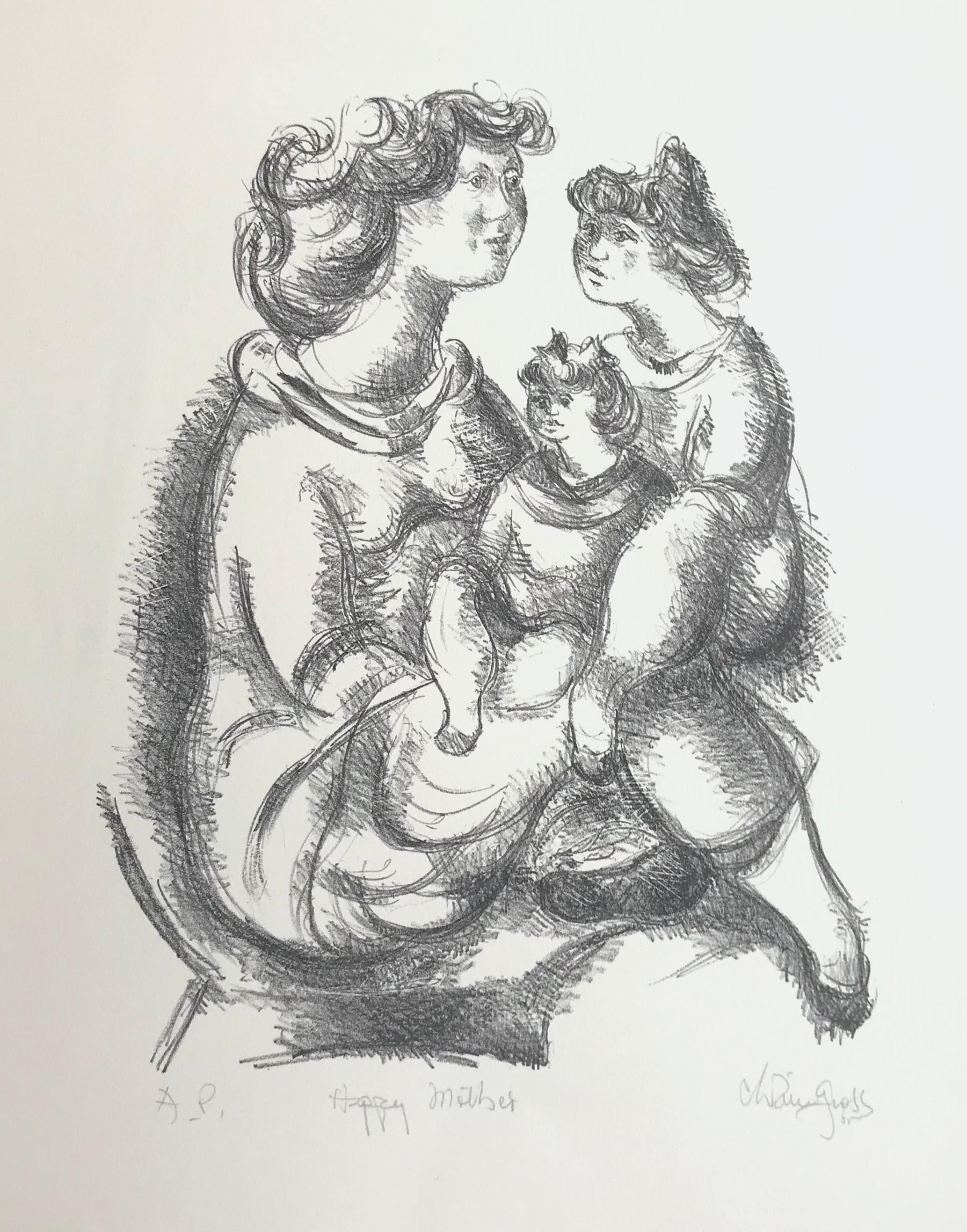 HAPPY MOTHER Signed Stone Lithograph, Hand Drawn Portrait Mother and Daughters
