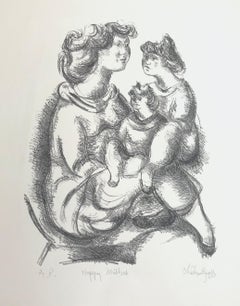 HAPPY MOTHER Signed Stone Lithograph, Hand Drawn Portrait Mother and Daughters
