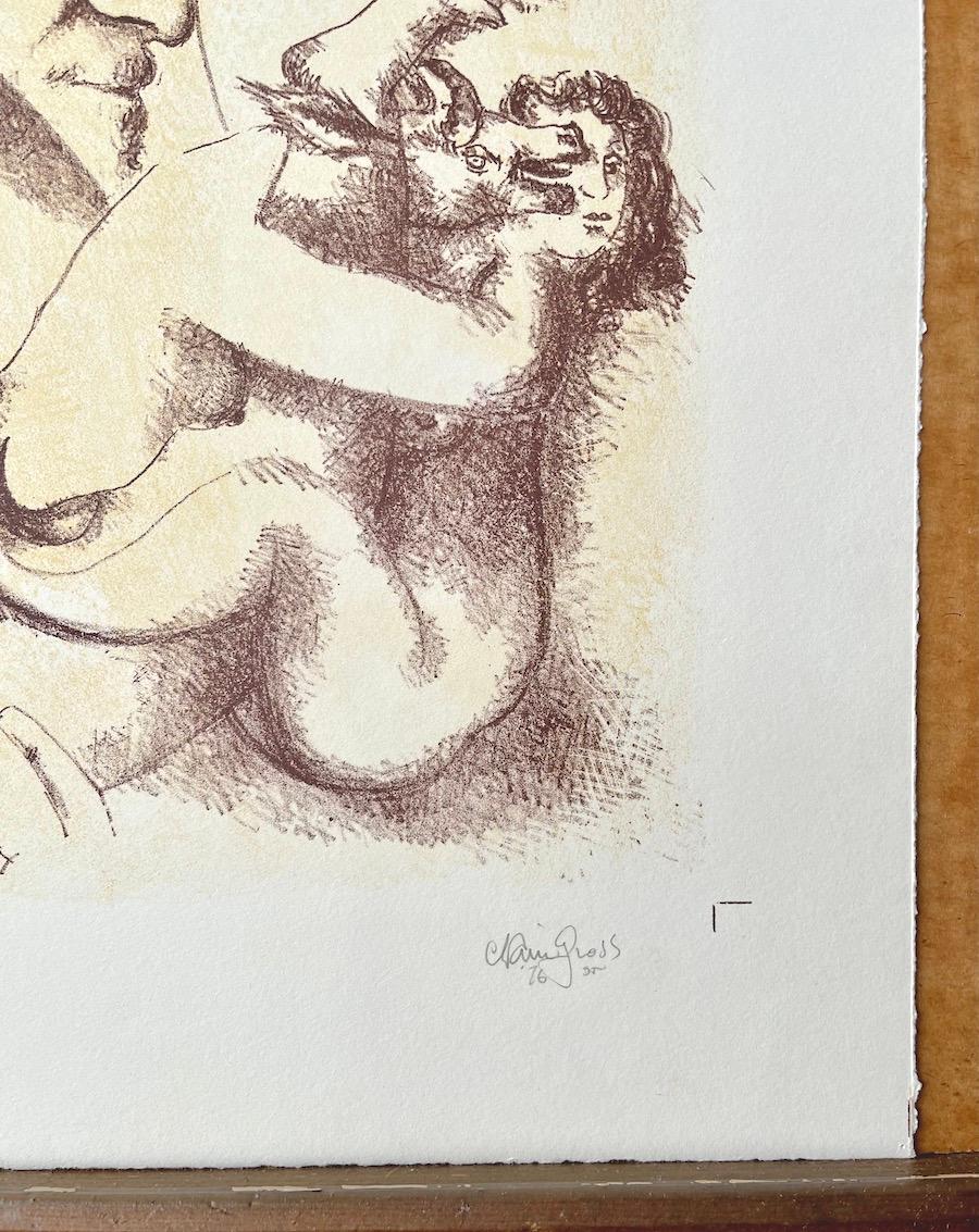 HOMAGE TO SIGMUND FREUD ist eine original handgezeichnete Steinlithographie des amerikanischen Künstlers und Bildhauers Chaim Gross. HOMAGE TO SIGMUND FREUD wurde von handgezeichneten lithografischen Steinen auf archivfähigem Arches-Papier in warmen
