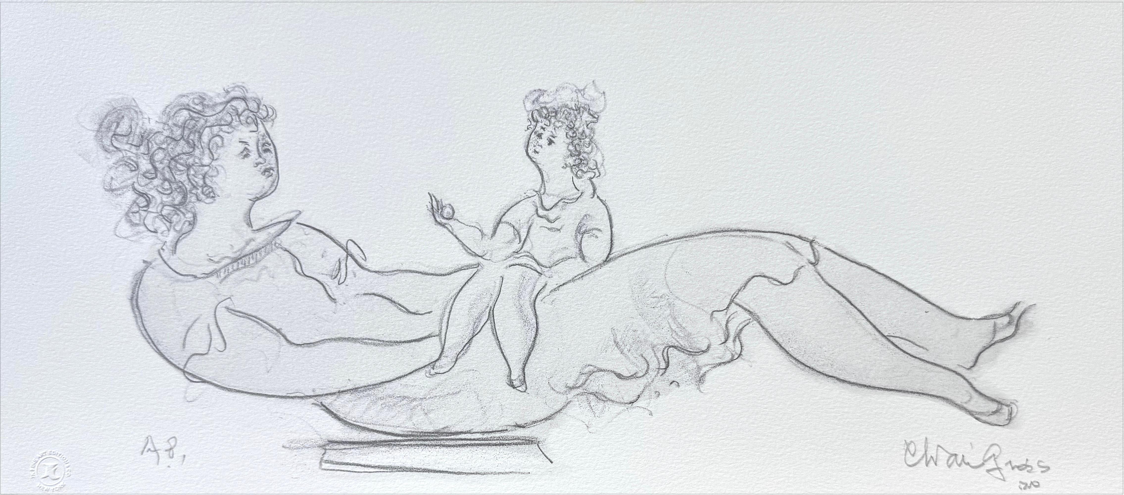 Signierte Lithographie „MOTHER AND CHILD“, Mutter-Tochter-Porträtzeichnung