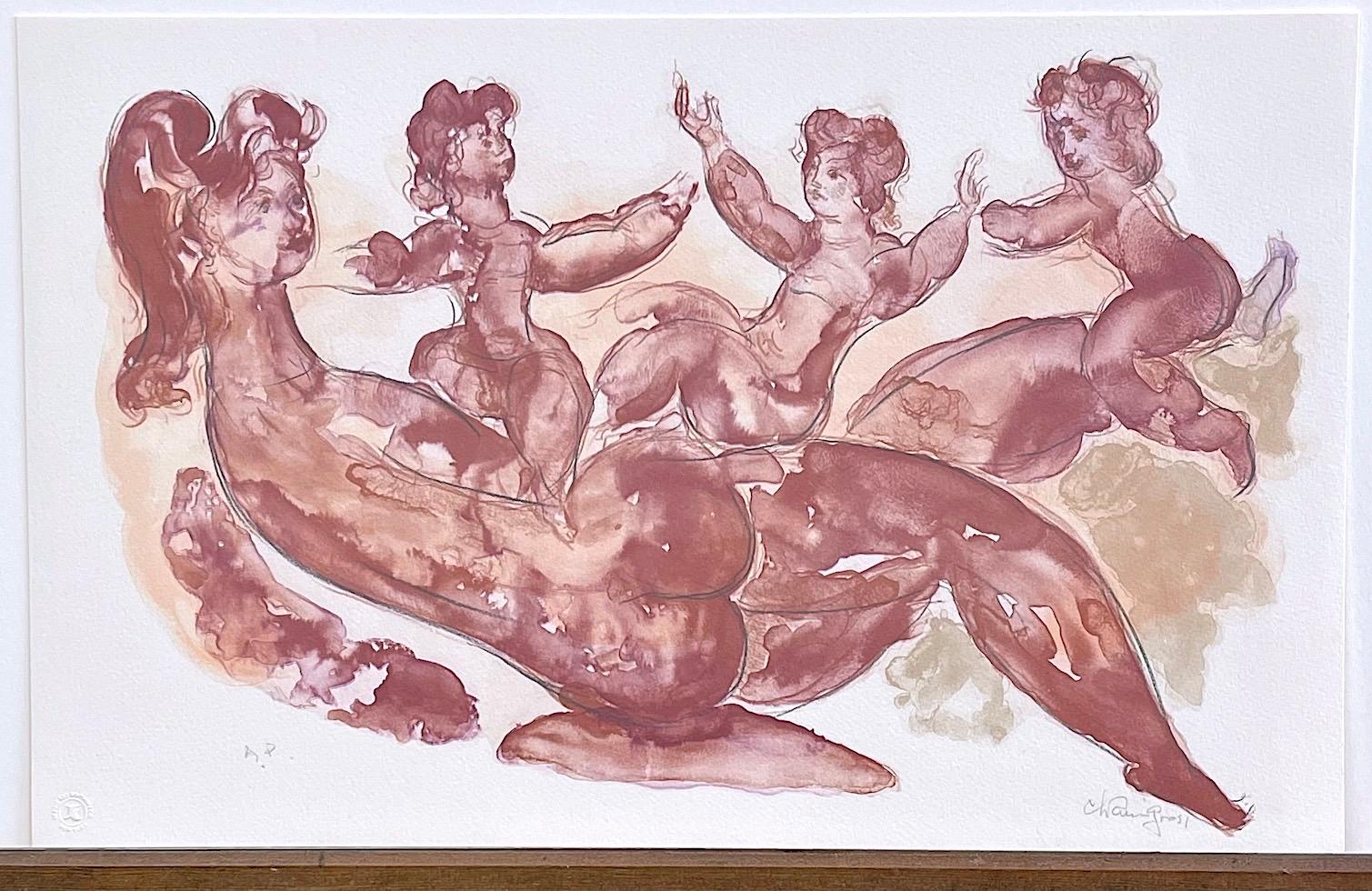 Signierte Lithographie „MOTHER AND CHILDREN PLAYING“, Mutter mit Tochter, Aquarell (Beige), Nude Print, von Chaim Gross