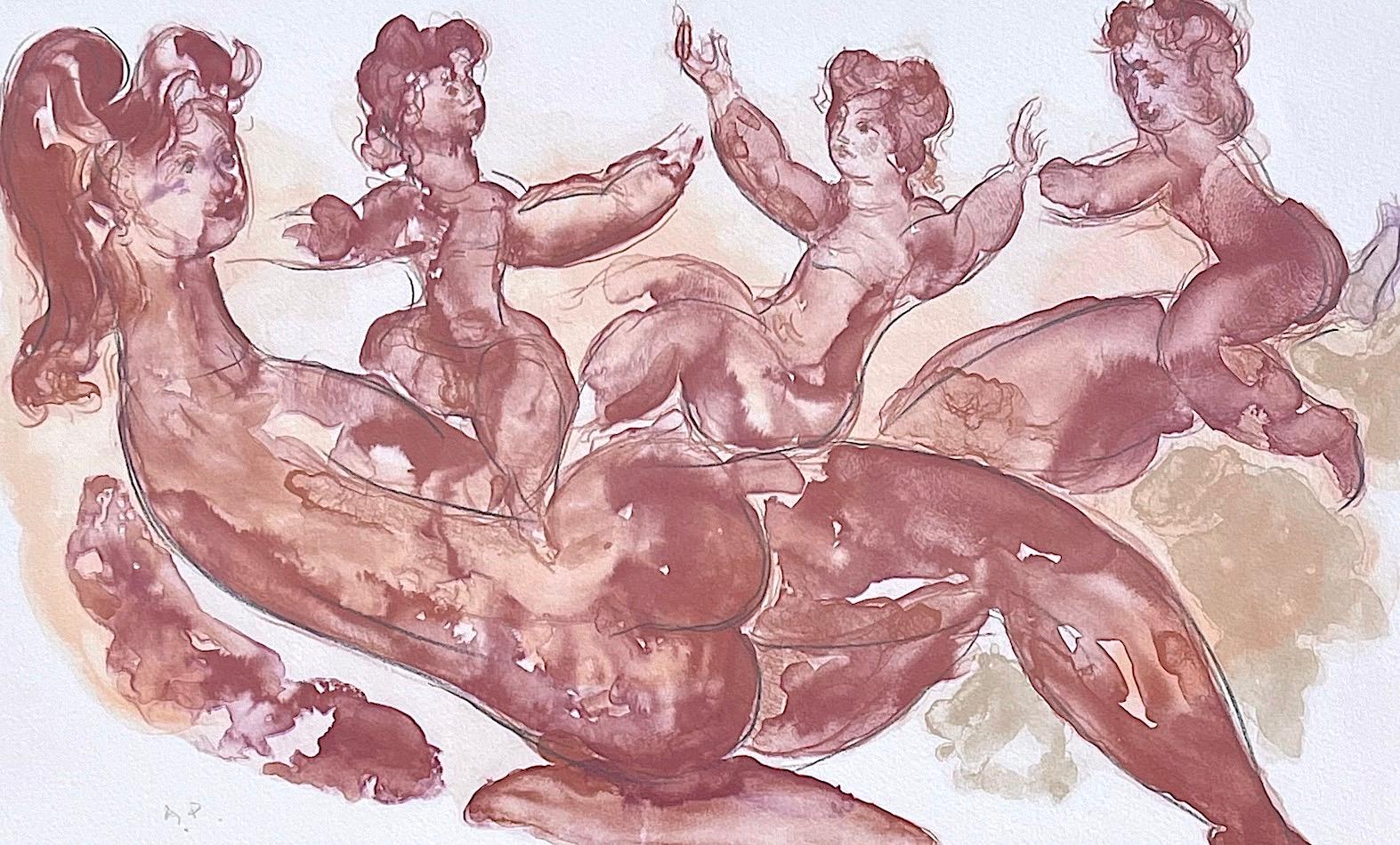 Signierte Lithographie „MOTHER AND CHILDREN PLAYING“, Mutter mit Tochter, Aquarell – Print von Chaim Gross