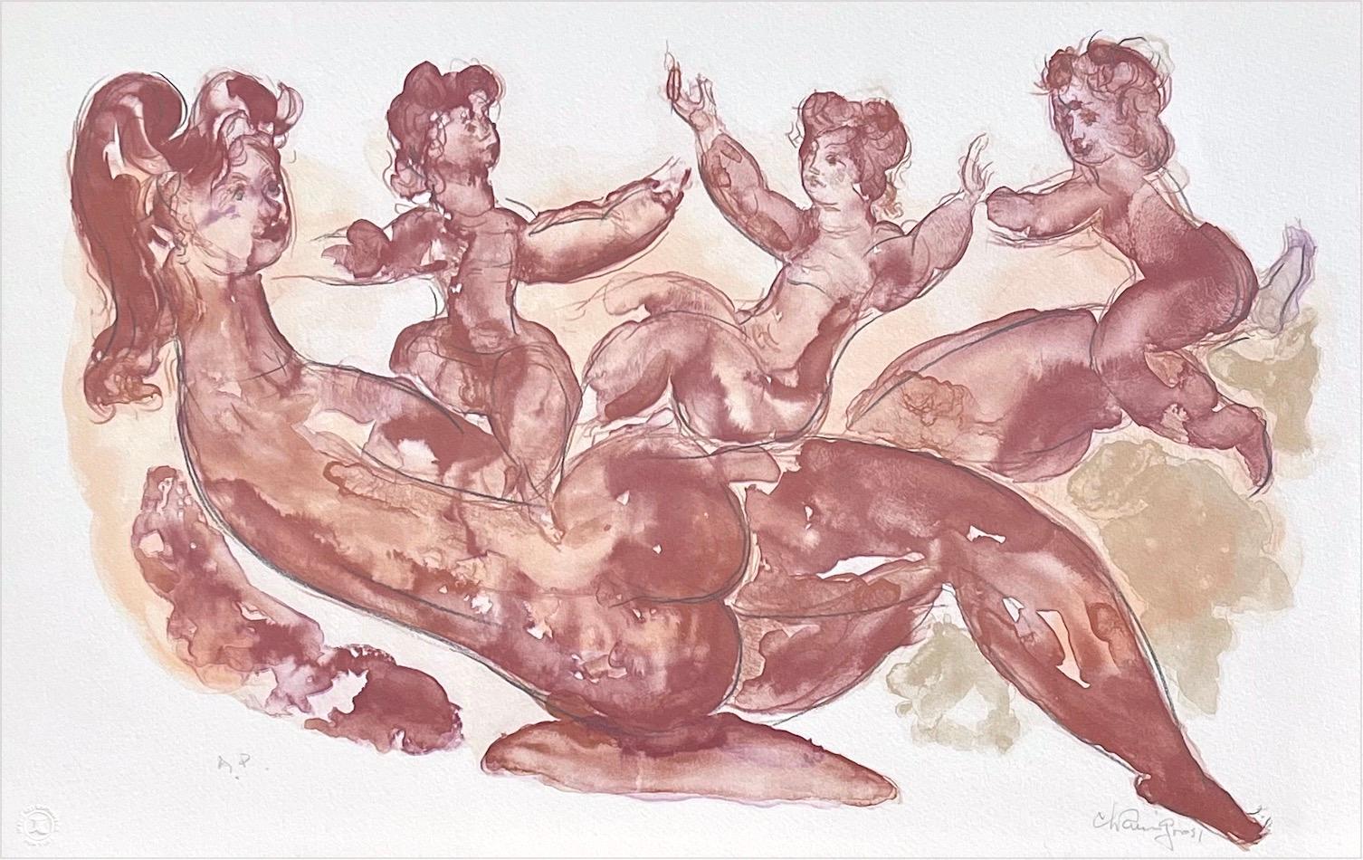 Chaim Gross Nude Print – Signierte Lithographie „MOTHER AND CHILDREN PLAYING“, Mutter mit Tochter, Aquarell