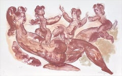 Signierte Lithographie „MOTHER AND CHILDREN PLAYING“, Mutter mit Tochter, Aquarell