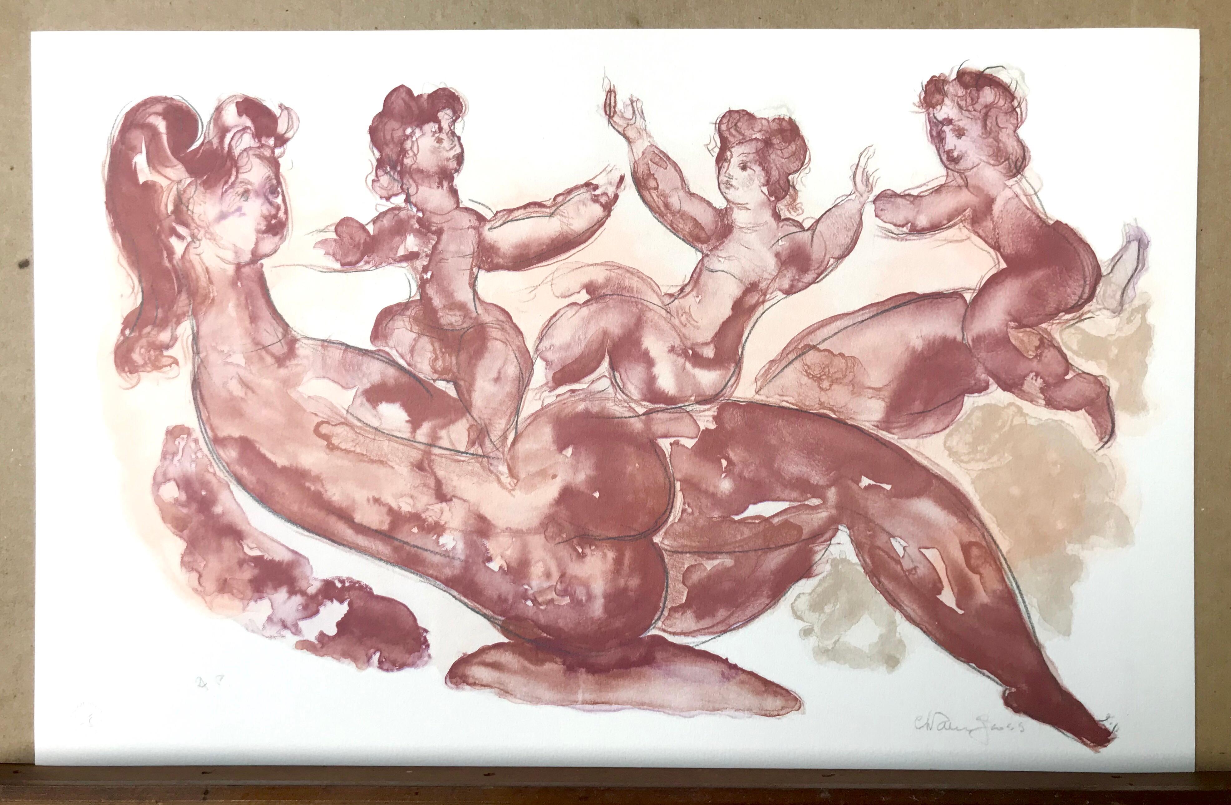 MOTHER AND CHILDREN PLAYING, Signed Lithograph, Watercolor Figure Study - Print by Chaim Gross