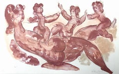 MOTHER AND CHILDREN PLAYING, Signed Lithograph, Watercolor Figure Study