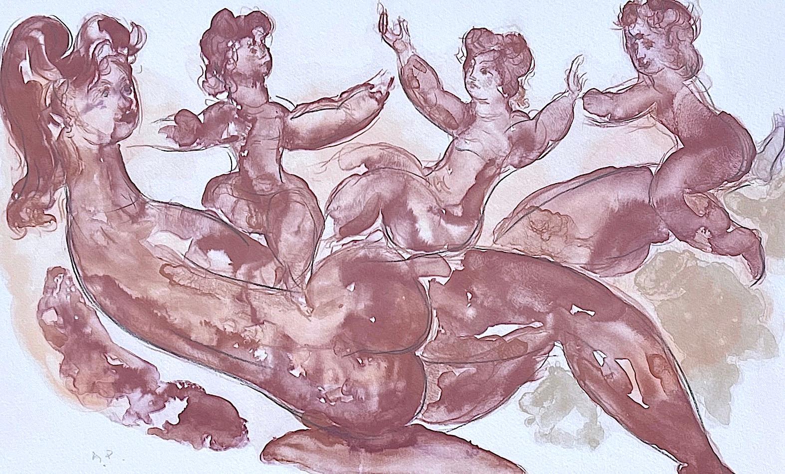 MOTHER AND CHILDREN PLAYING Signed Lithograph Watercolor Figures, Muted Burgundy - Print by Chaim Gross