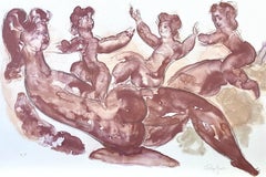 Signierte Lithographie-Aquarellfiguren „MOTHER AND CHILDREN PLAYING“, gedämpftes Burgunderrot