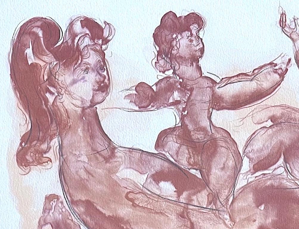 MOTHER AND CHILDREN PLAYING Signed Lithograph Watercolor Figures, Muted Burgundy - Beige Figurative Print by Chaim Gross