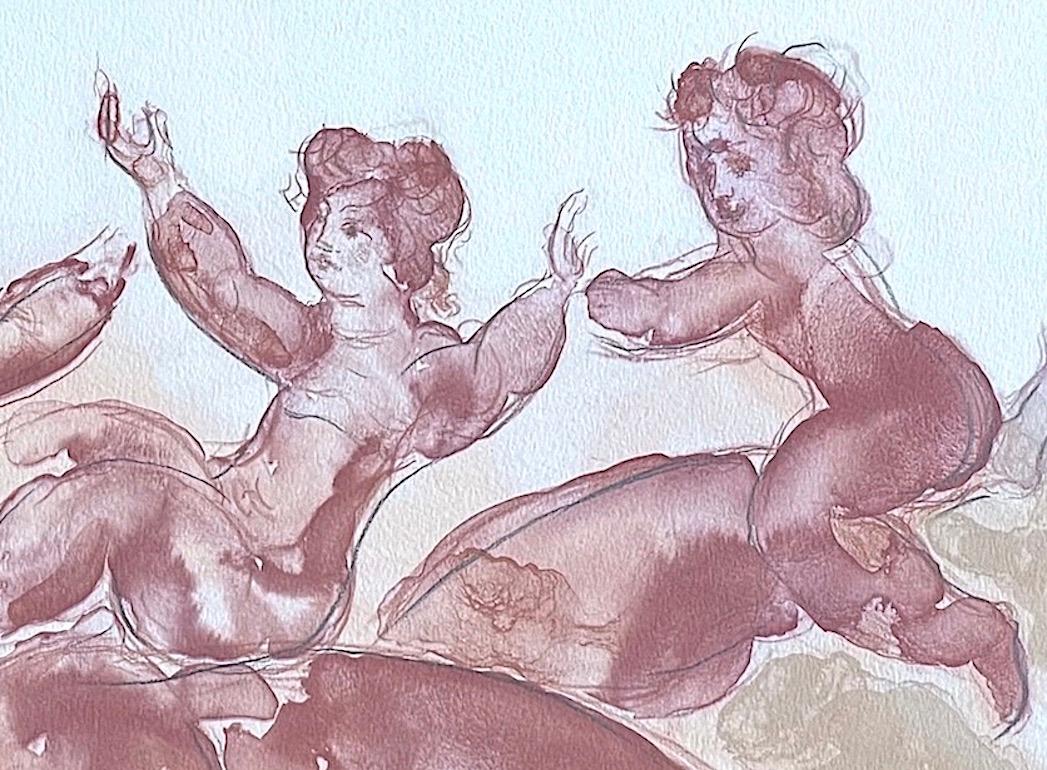 MOTHER and CHILDREN PLAYING, is an original hand drawn lithograph by the American artist/sculptor Chaim Gross. Endearing watercolor figure study of a mother posed horizontally with her young daughters amusing themselves, one balancing on her