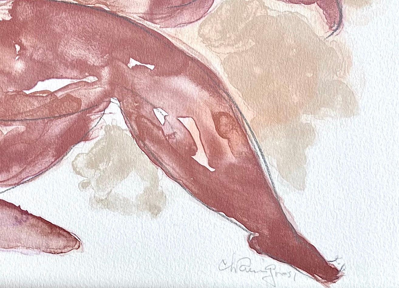 MOTHER AND CHILDREN PLAYING Signed Lithograph Watercolor Figures, Muted Burgundy For Sale 2