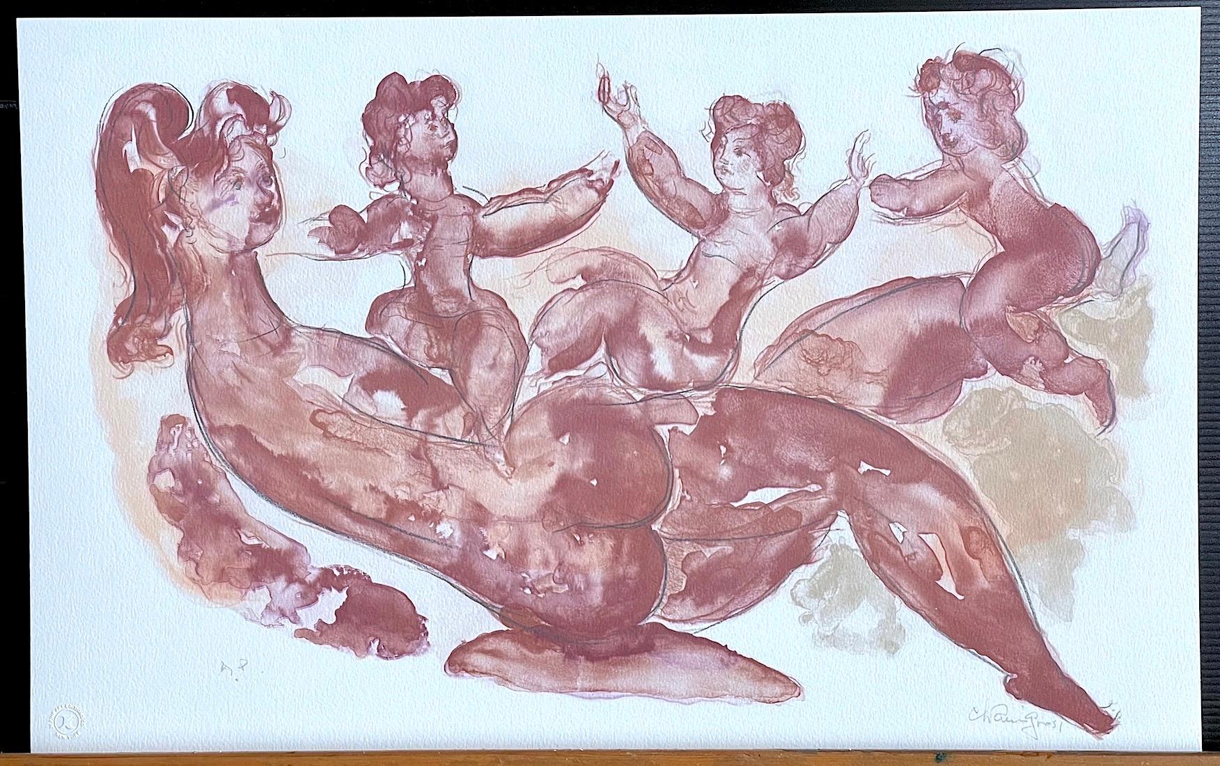 MOTHER AND CHILDREN PLAYING Signed Lithograph Watercolor Figures, Muted Burgundy For Sale 3
