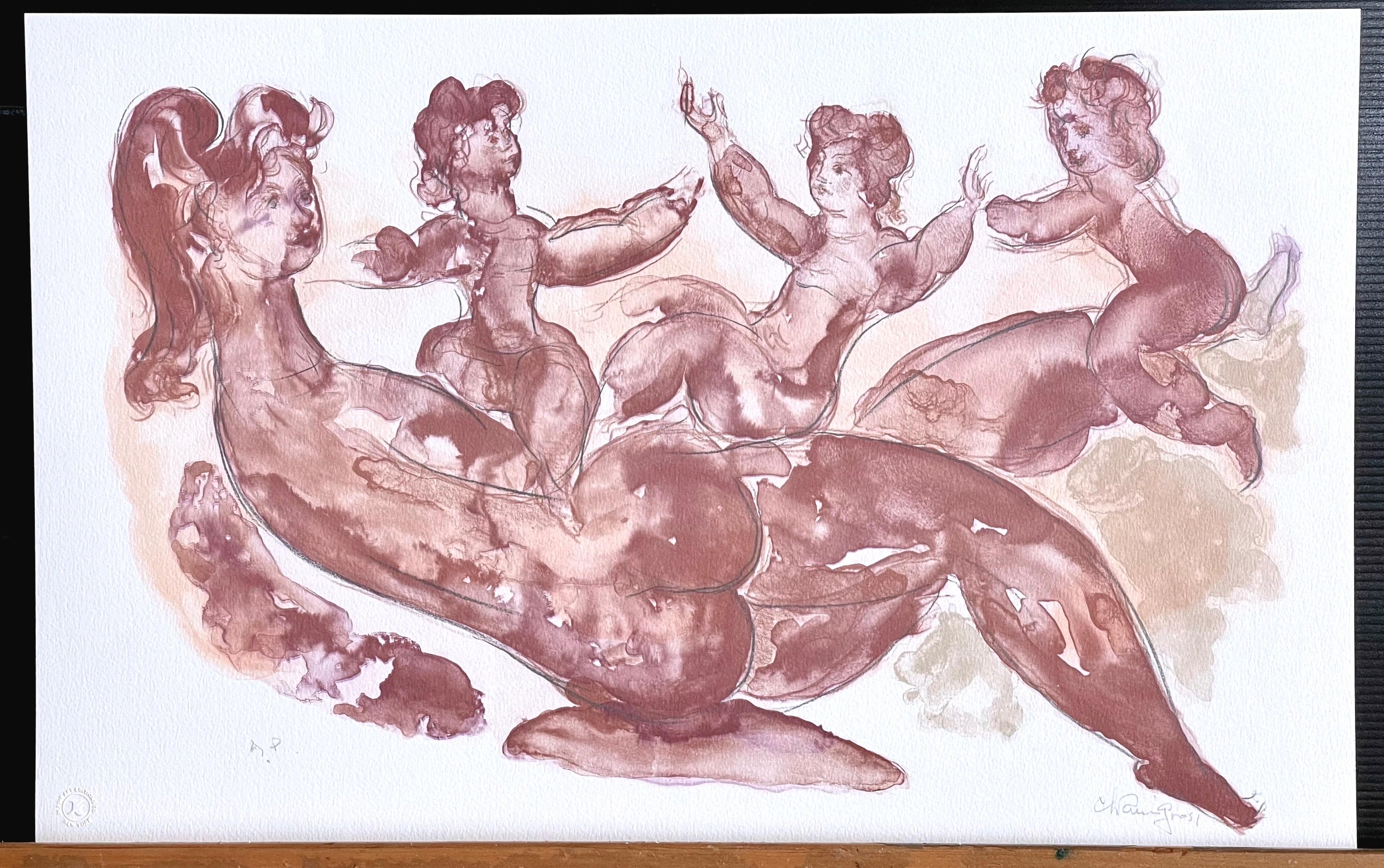 MOTHER AND CHILDREN PLAYING Signed Lithograph Watercolor Figures, Muted Burgundy For Sale 3