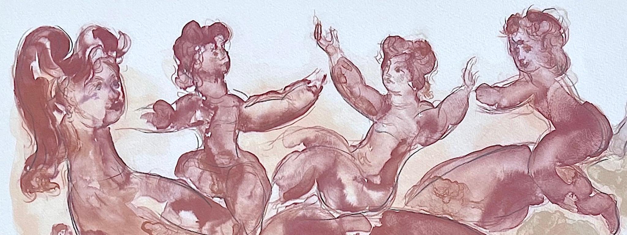 MOTHER AND CHILDREN PLAYING Signed Lithograph Watercolor Figures, Muted Burgundy - Contemporary Print by Chaim Gross