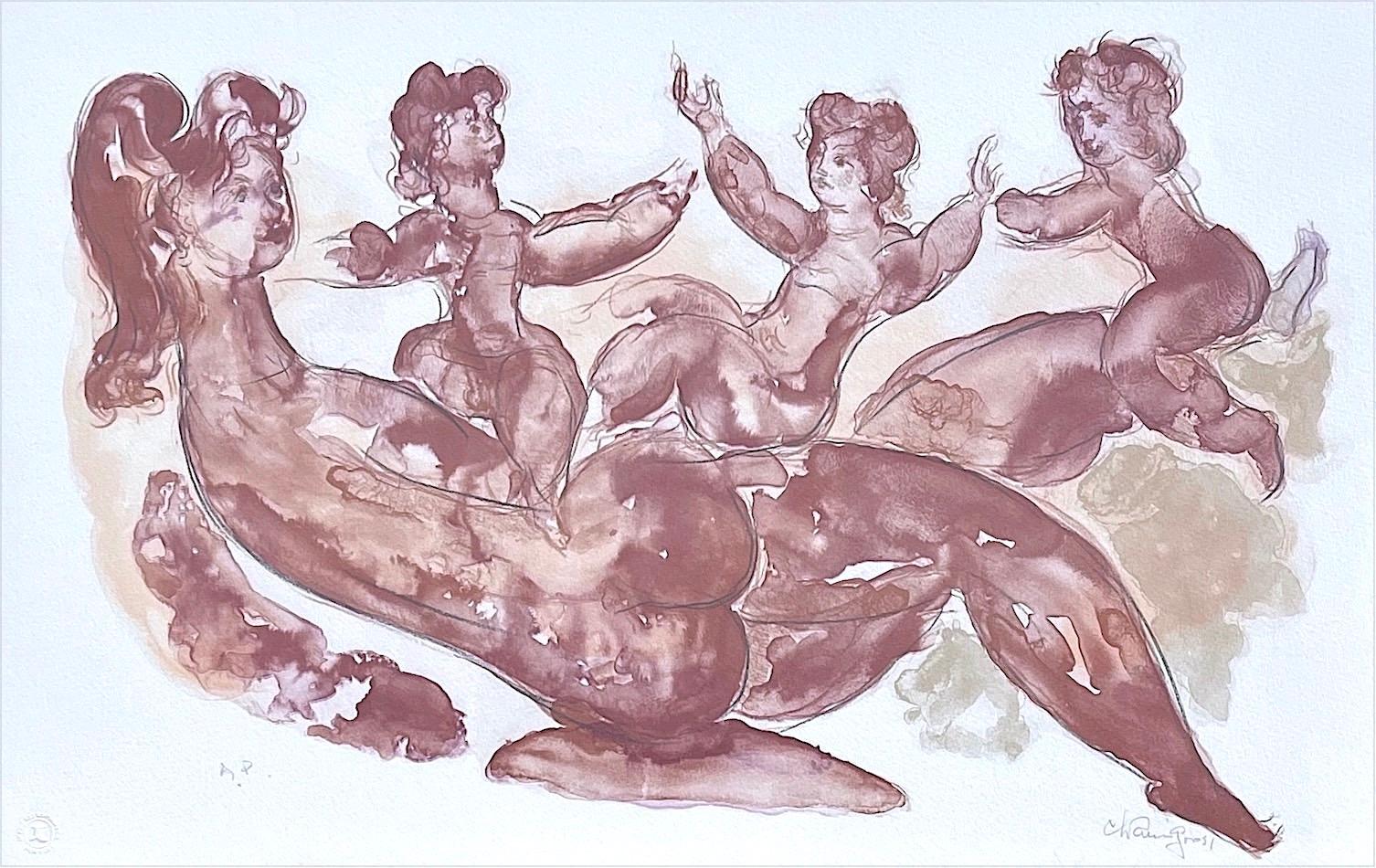 MOTHER AND CHILDREN PLAYING Signed Lithograph Watercolor Figures, Muted Burgundy