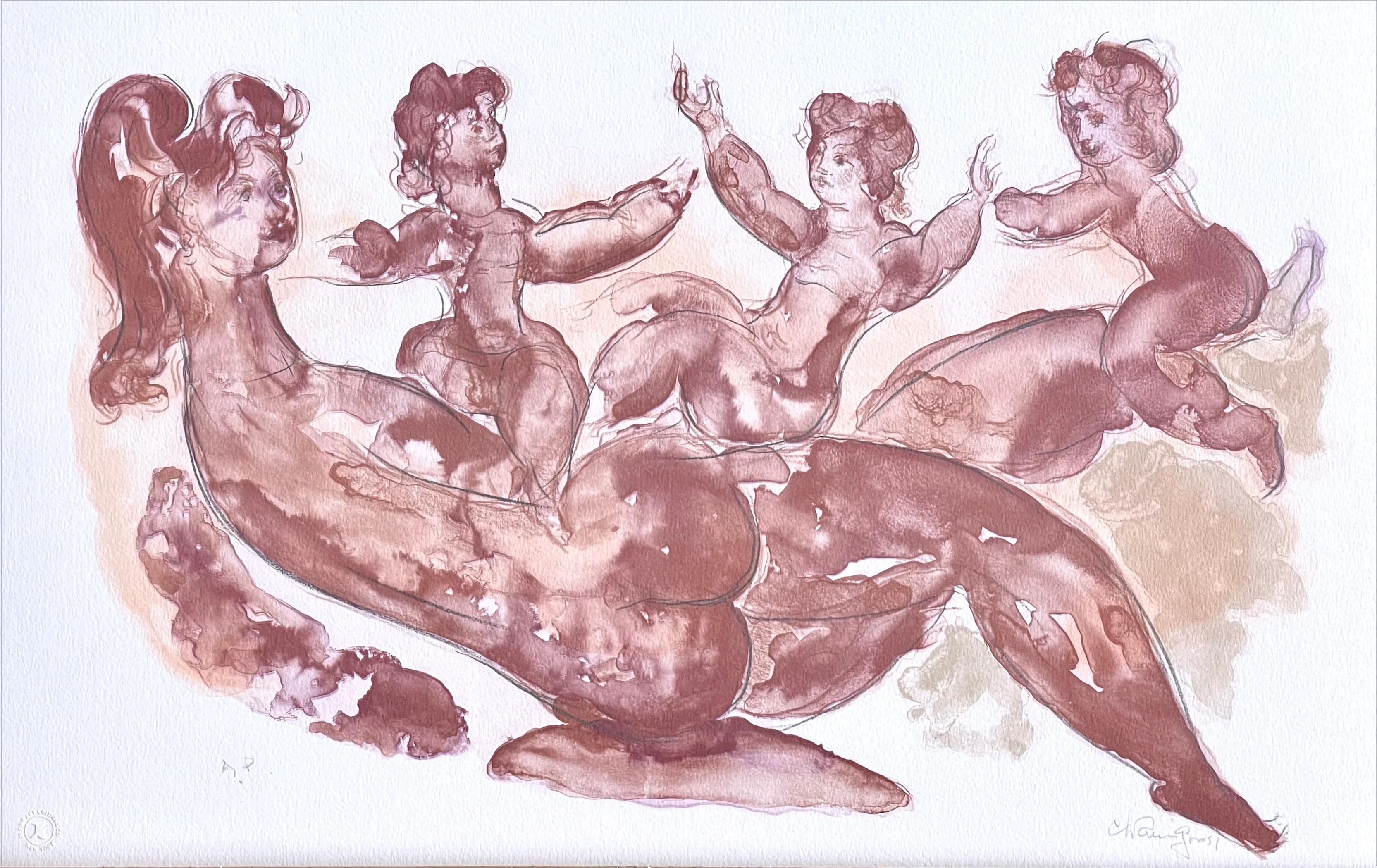 Chaim Gross Figurative Print - MOTHER AND CHILDREN PLAYING Signed Lithograph Watercolor Figures, Muted Burgundy