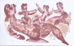 Chaim Gross - MARY AND CHILDREN PlayING, lithographie signée, figures à l'aquarelle, bourgogne décontractée MARY AND CHILDREN PlayING, lithographie signée, figures à l'aquarelle, bourgogne décontractée