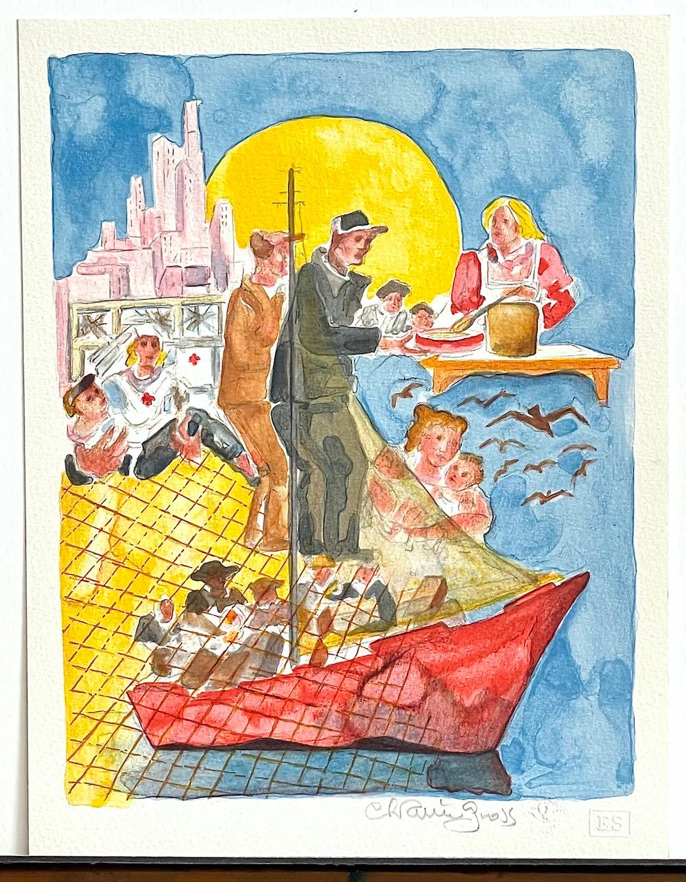 NEW IMMIGRANTS 1984 is a hand drawn lithograph by the American artist/sculptor Chaim Gross printed in 11 colors on archival Arches printmaking paper. NEW IMMIGRANTS 1984 depicts a figurative image of new immigrants arriving by boat against a