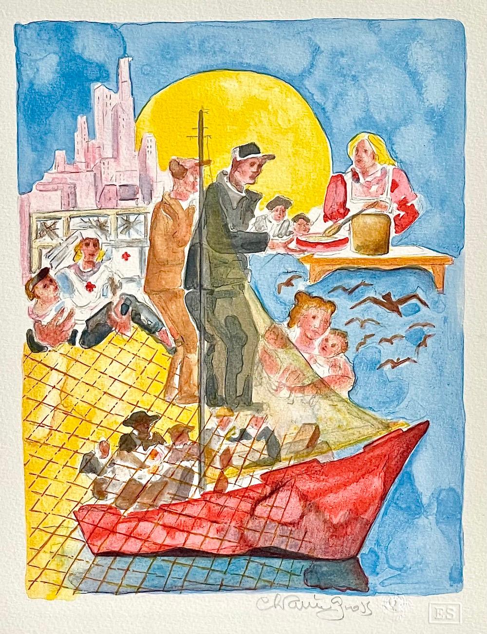 NEW IMMIGRANTS Signed Lithograph, Refugees, Boat, Humanitarian Aid, Sun 