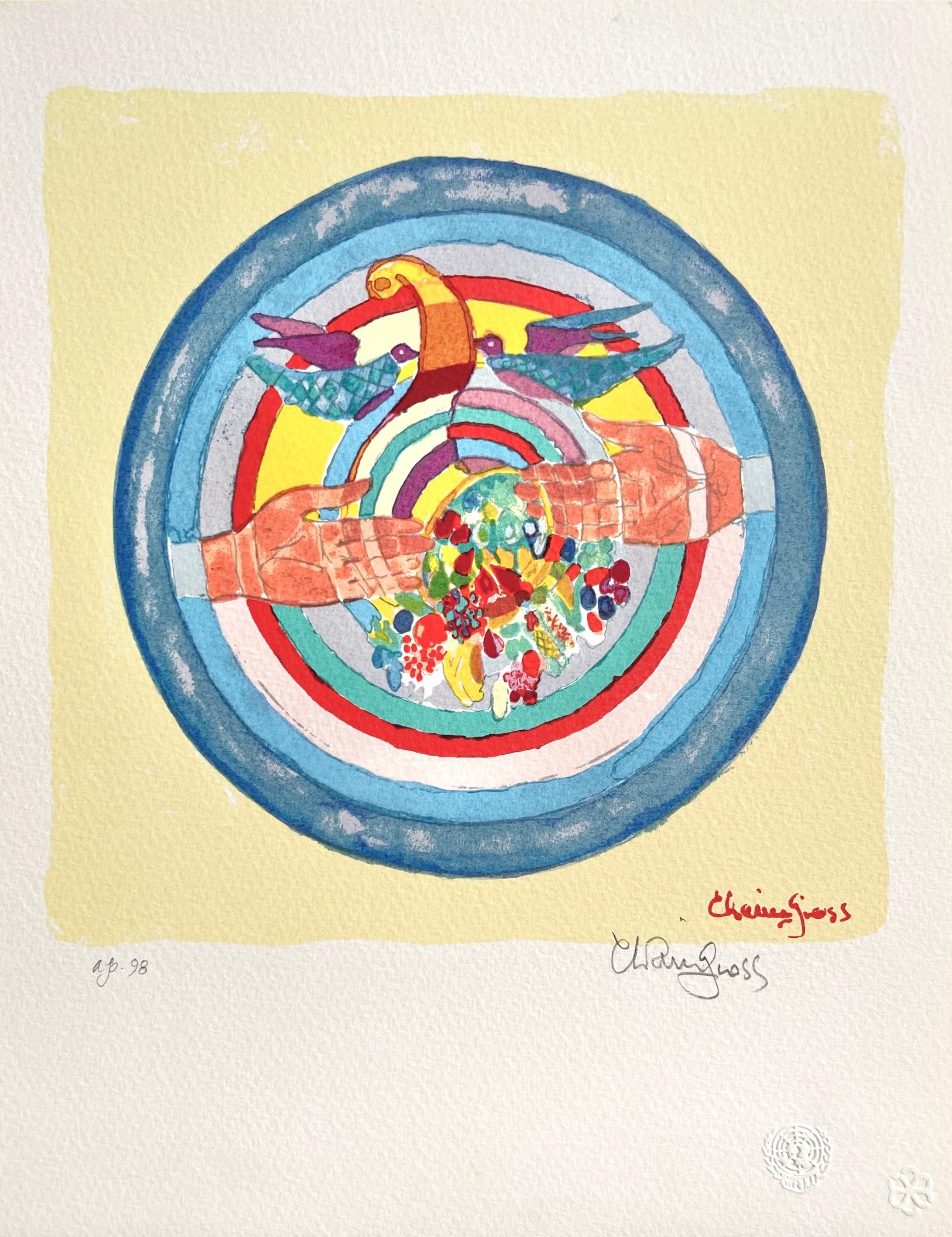 Chaim Gross Abstract Print - NEW INTERNATIONAL ECONOMIC ORDER Signed Serigraph, Peace Circle Dove Hands Fruit