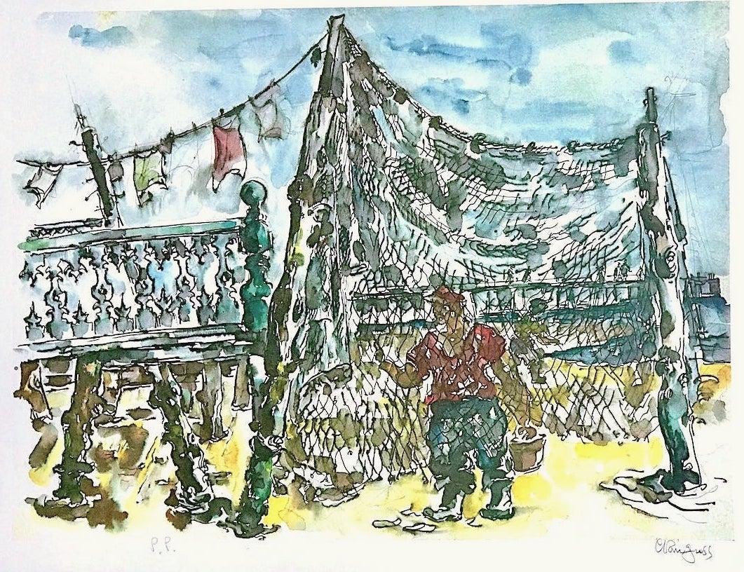 PROVINCETOWN FISHING NETS Signed Lithograph, Cape Cod Fisherman, Blue Sky, Sand - Print by Chaim Gross