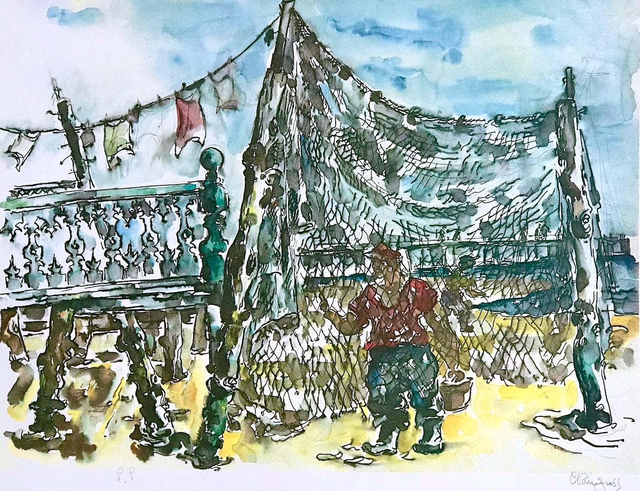 PROVINCETOWN FISHING NETS Litografia firmata, pescatore di Cape Cod, cielo blu, sabbia - Print di Chaim Gross