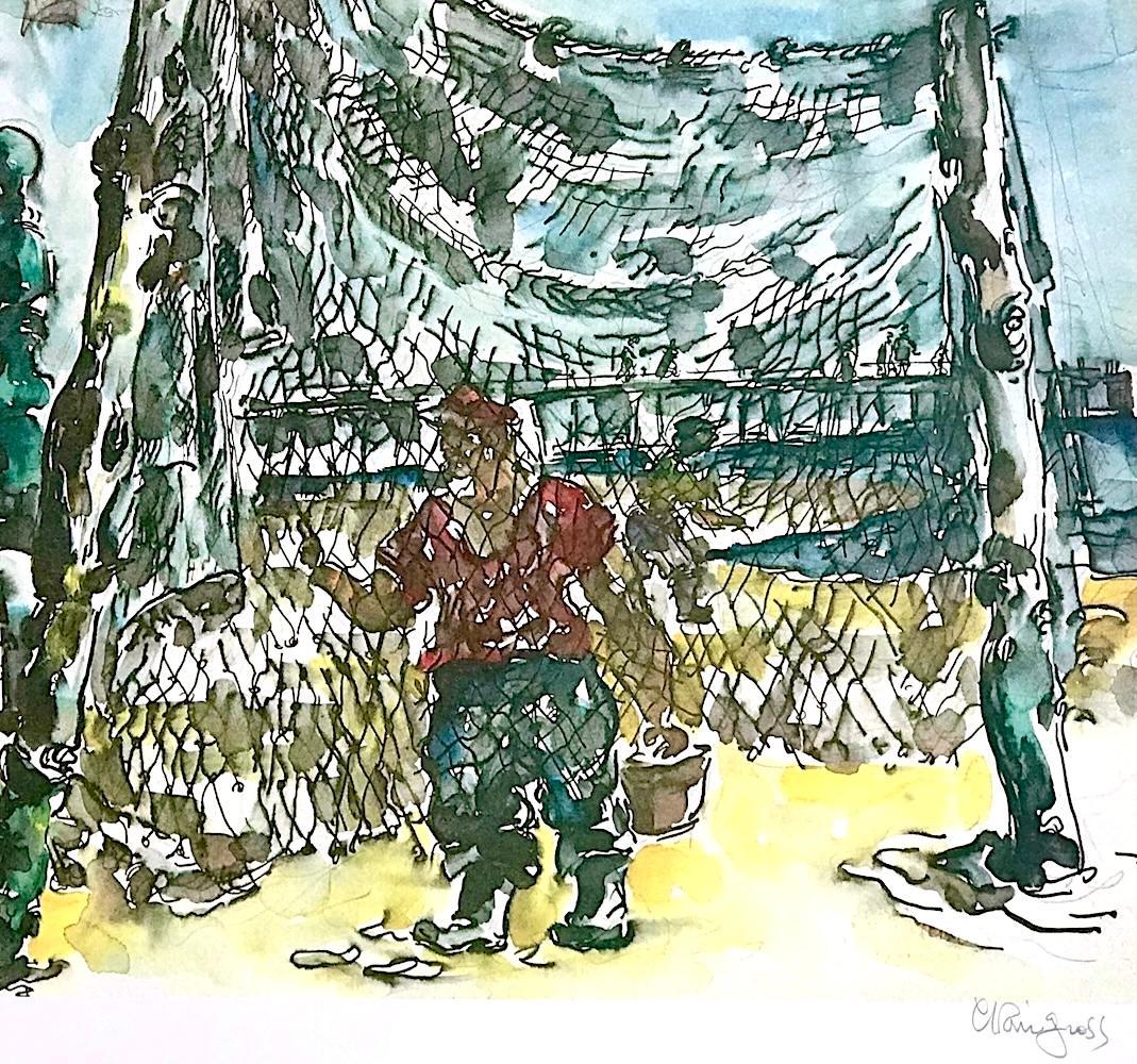 PROVINCETOWN FISHING NETS Litografia firmata, pescatore di Cape Cod, cielo blu, sabbia - Figurative Print Grigio di Chaim Gross